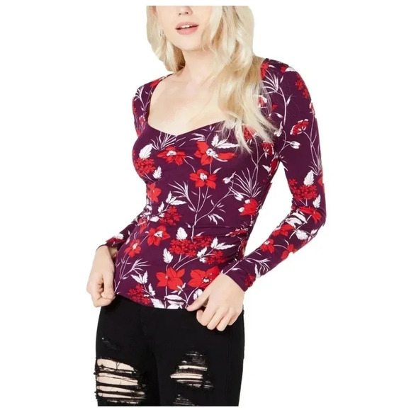 NWT $49 Guess Womens Floral Red Purple Freedia Ruched Long-Sleeve Top Modal XL - Picture 1 of 13